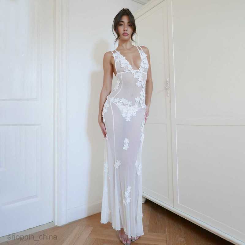 Basic Casual Women Dresses new deep V sexy backless camisole dress with mesh perspective three-dimensional flower dress