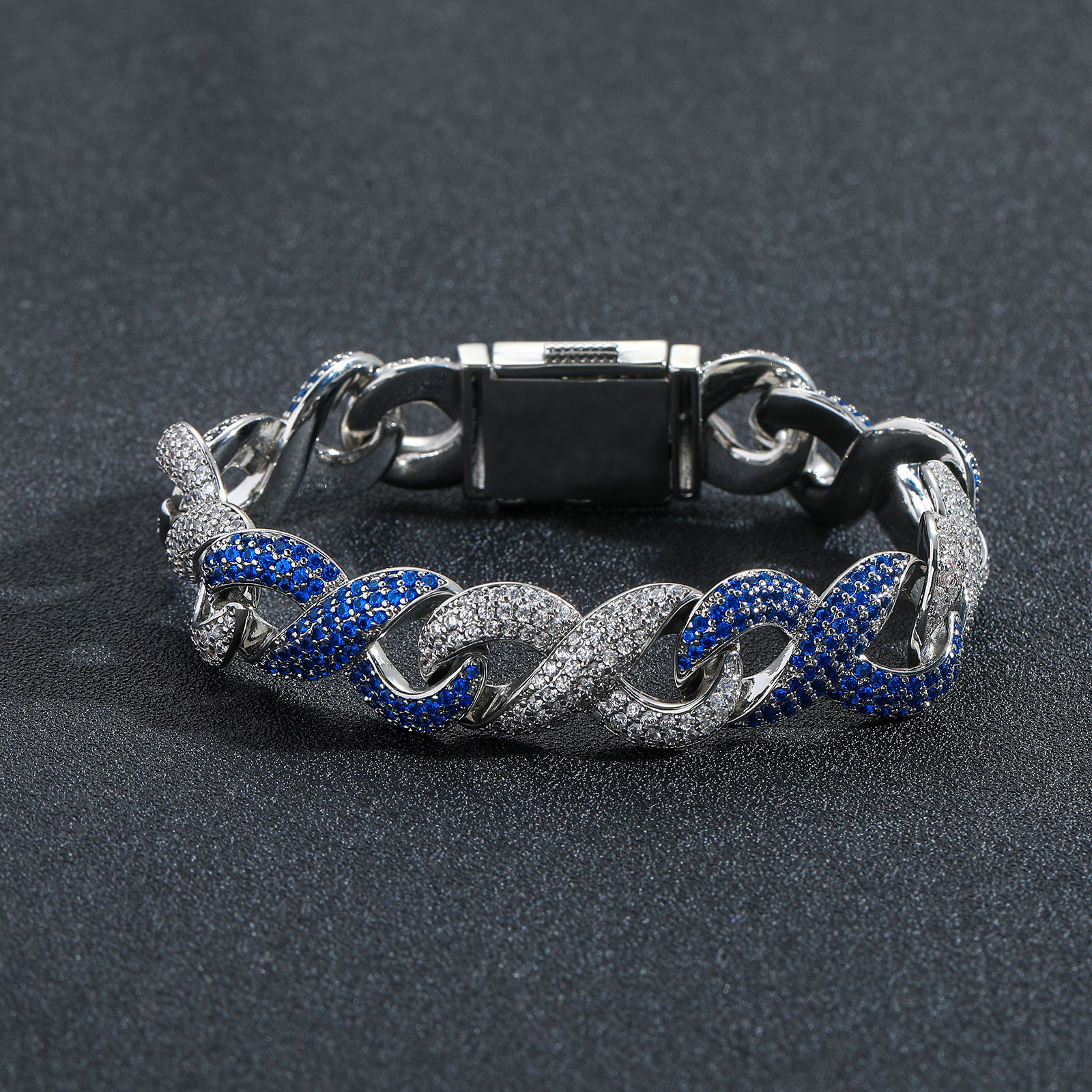 15mm 8 Shape Infinite Chain Cuban Chain 18K Real Gold Plated Blue Zircon Jewelry