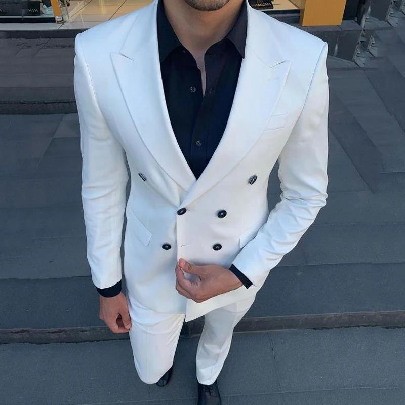 White Slim Fit Men Suits for Wedding 2 Piece Groom Tuxedo Peaked Lapel 2024 Custom Male Fashion Costume Jacket with Pants