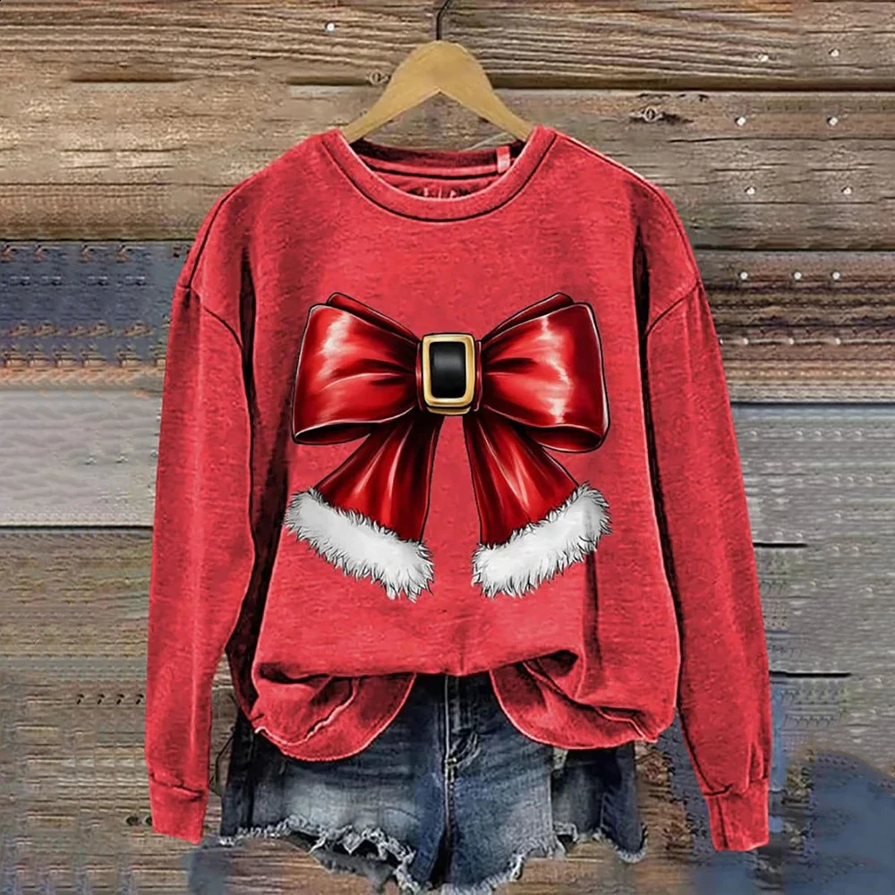 Womens Casual Sweatshirt Christmas Bow Print n Autumn Thin Girls Gift Holiday Premium Hoodie 241017