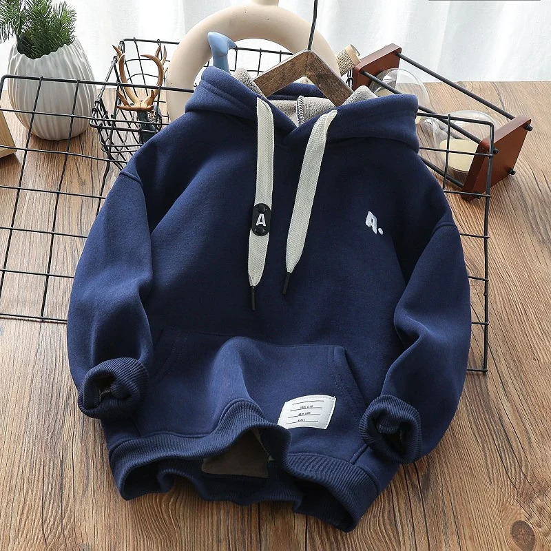 Winter Boys Hooded Sweatshirt Children Warm Thicken Hoodies Kids Daily Casual Plus Velvet Coat Teens Fashion Clothing 241017