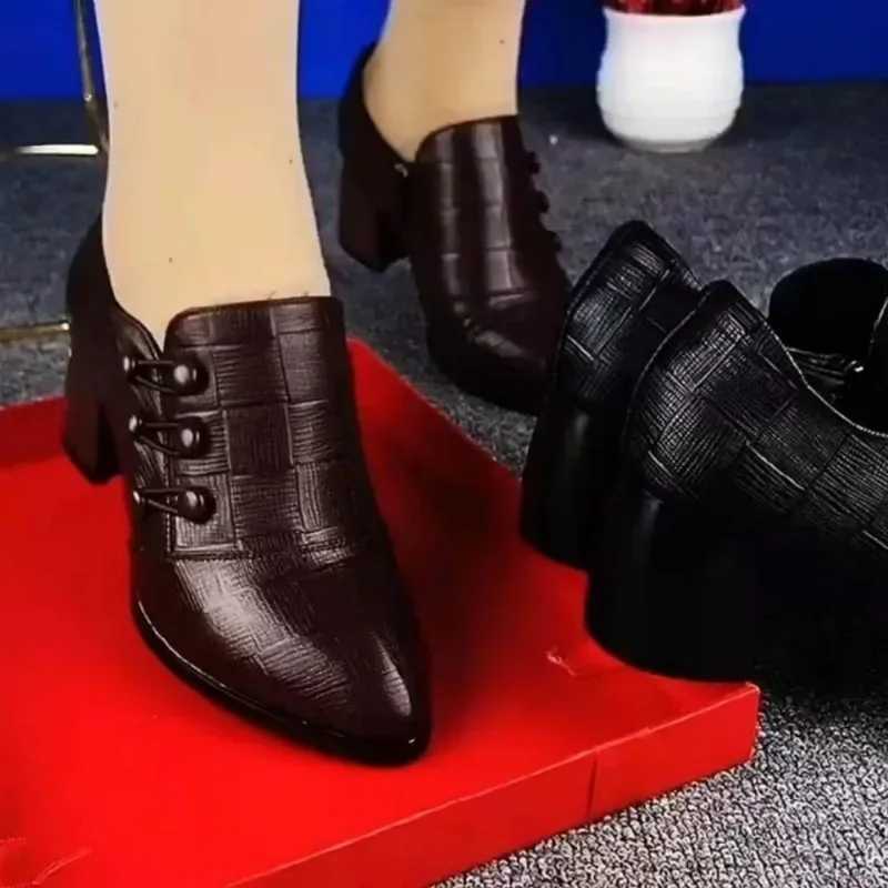 Autumn New High Heels Soft Leather Breasted Low Heeled Shoes Dress Womens Pointed Toe Shoes Retro Mom Shoes Zapatos Mujer Y241017