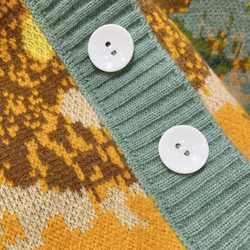Unisex Cardigan Sweater Harajuku Van Gogh Sunflower Knitted Button Women Men Autumn Casual Loose Knit Top Green Blue 241017