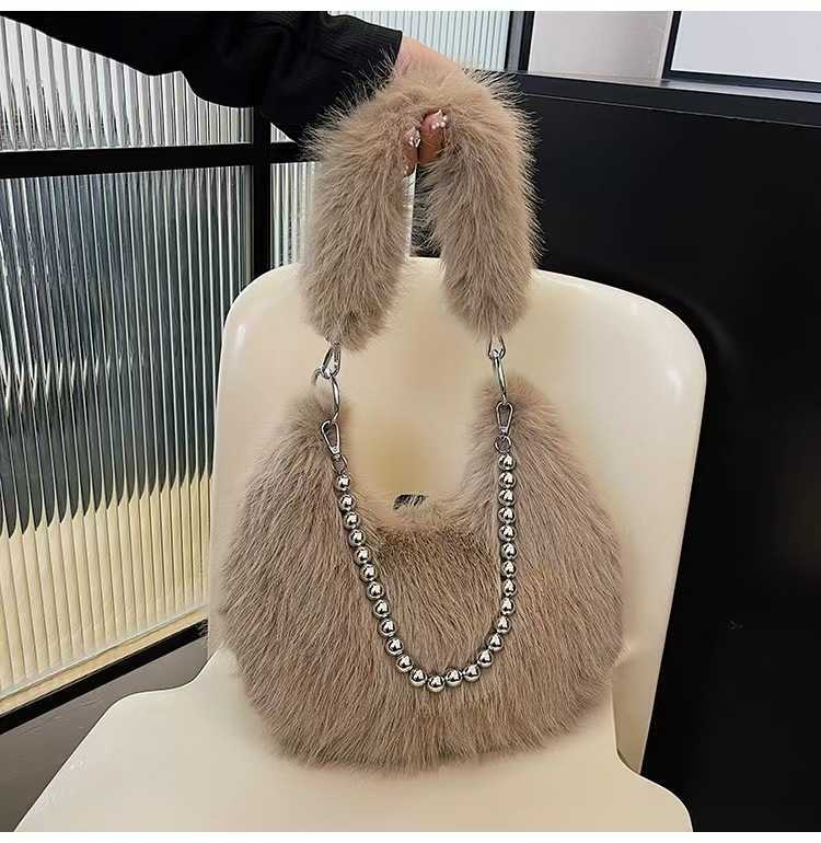 autumn winter furry bag design imitating fox fur armpit bag pearl chain shoulder bag dumpling bag 241015
