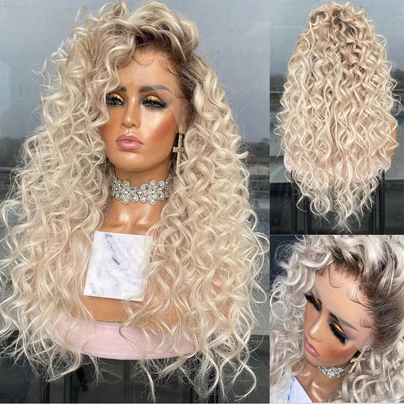 200Density Curly Human Hair Full Lace Front Wig for Women Icy Blonde Lace Frontal Wigs Natural Wig for Women Synthetic Ashy White Glueless