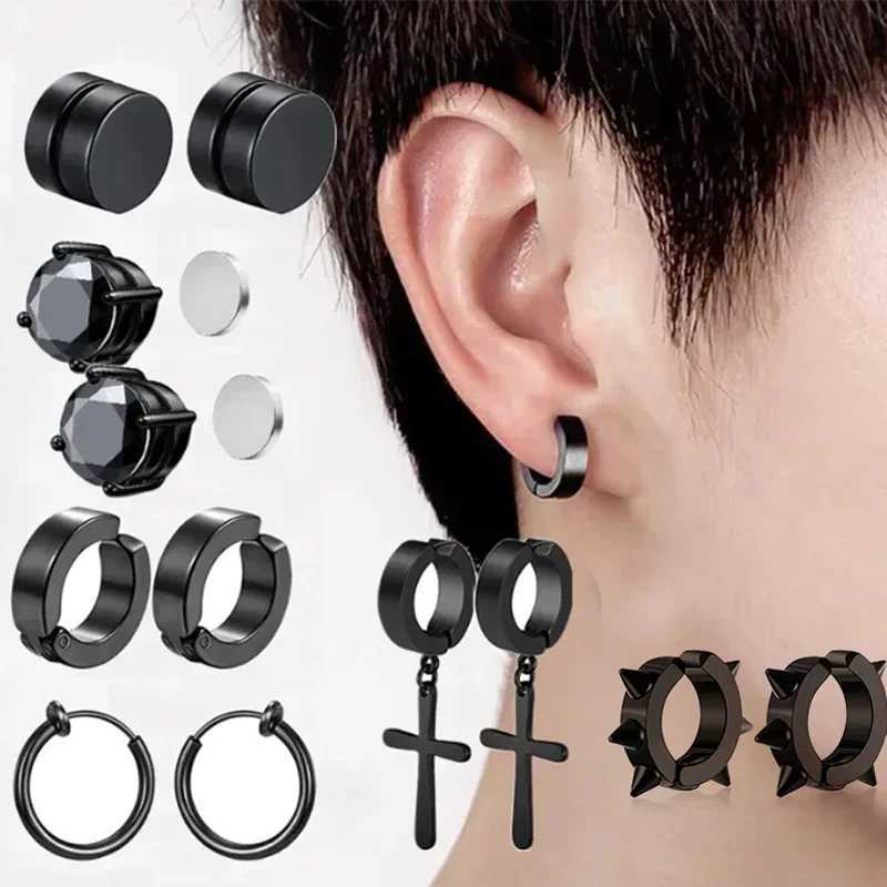 Non perforated earrings non perforated classic fake hoop earrings punk non perforated hip-hop black stud earrings clip jewelry W241017