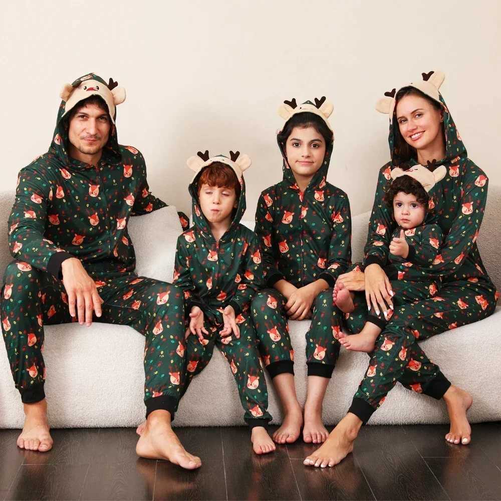 Family Christmas pajamas cartoon reindeer jumpsuit cute earmuffs jumpsuit mom dad child matching set warm and soft pajamas Christmas appearance W24101
