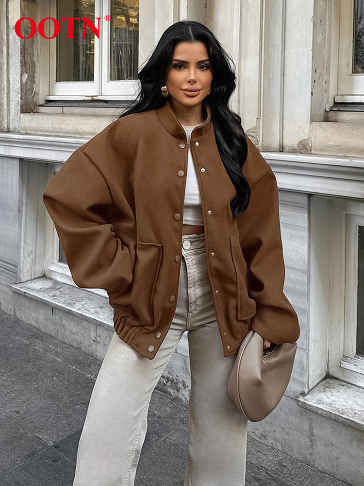 OO Vintage Brown Baseball Jackets Oversize Street Style Pockets Long Sleeves Outwear Tops Autumn Winter 2024 Woolen Warm Coats