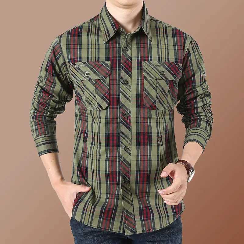 Fashion Men Military Cotton Striped Plaid Shirt Spring Autumn Long Sleeve Lapel Pocket Streetwear Vintage Casual Loose Tops 2023 LX241017