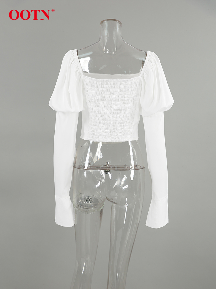OO Elegant White Lantern Sleeve Blouse Street Single Breasted Irregular Shirts Sexy Crop Top Square Collar Tops Ladies 2024