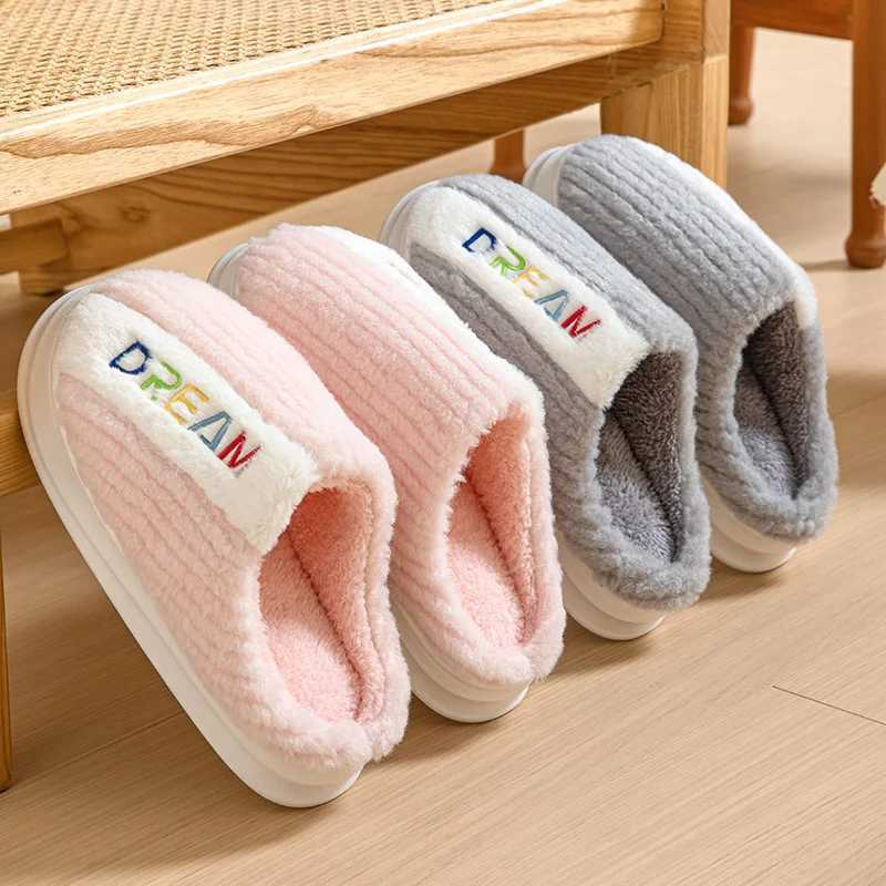 Winter Plush Letter Womens Cotton Slippers Indoor Warm Strip Thick Bottom Anti slip Soft Bottom Couple ShoesCL241017