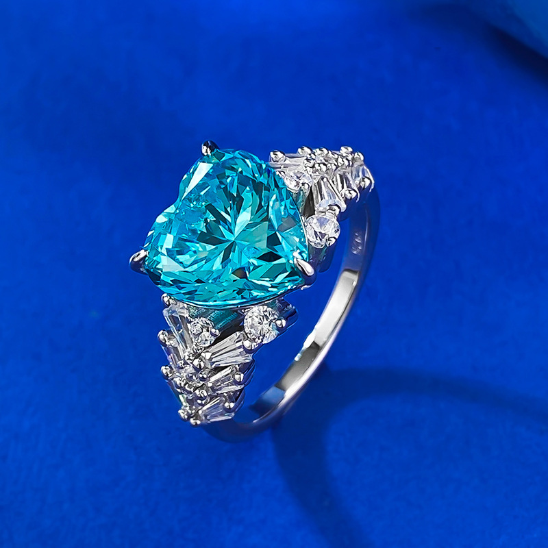 Unique Sterg Sier Aquamarine Moissanite Engagement Ring | Heart-Shaped Eternity Band