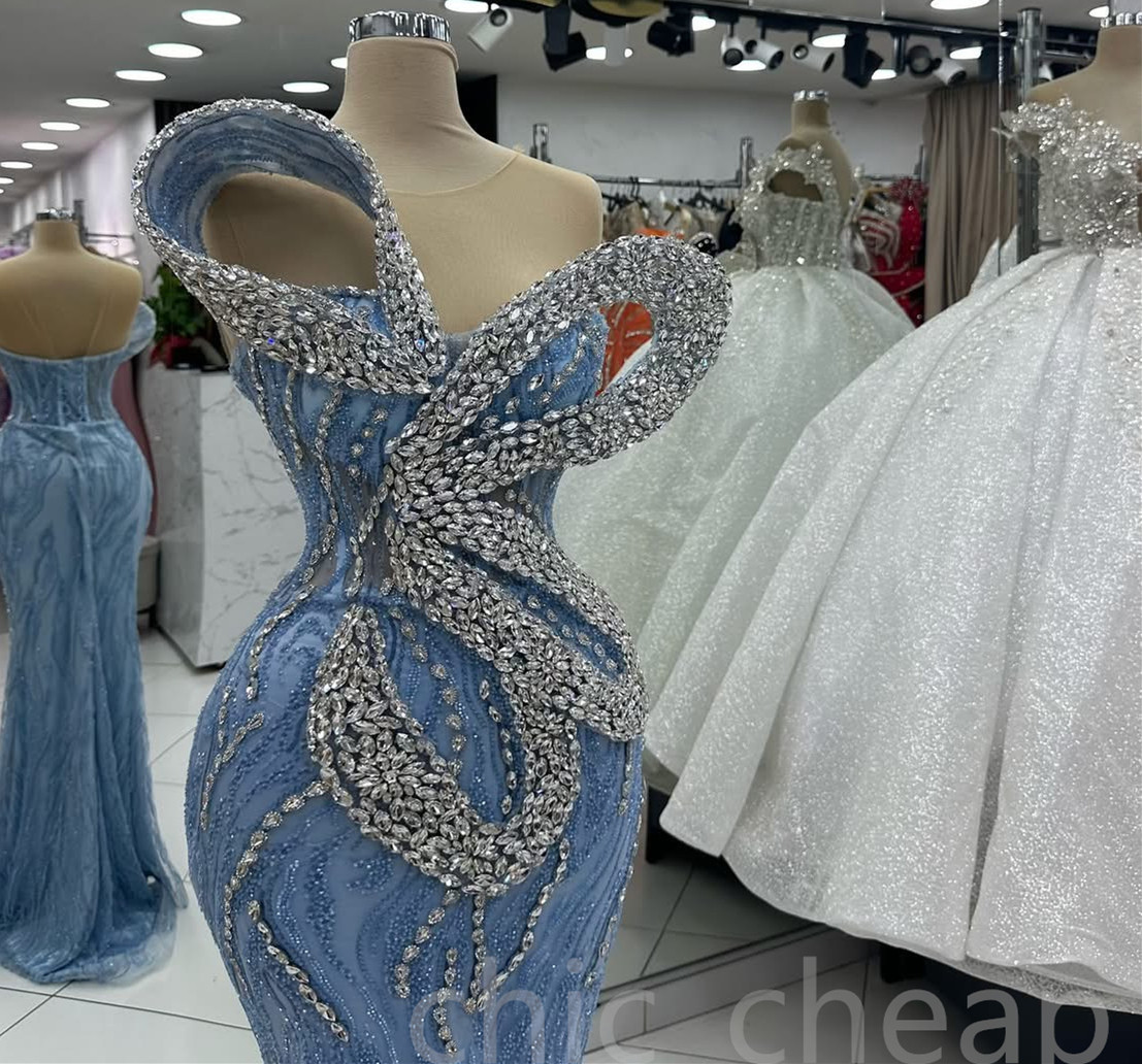 Aso Ebi 2024 Light Sky Blue Mermaid Prom Dresses Rhinestones Sequined Lace Evening Formal Party Second Reception Birthday Gowns Dress For Special Occa