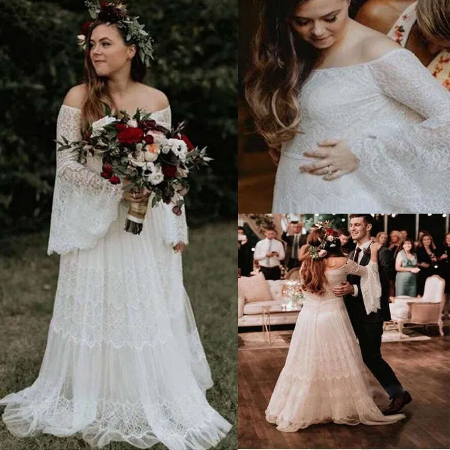 Wedding Boat Dresses Neck Long Sleeve Lace Bridal Gowns A E Sweep Train Vestido De Novia Bc3023