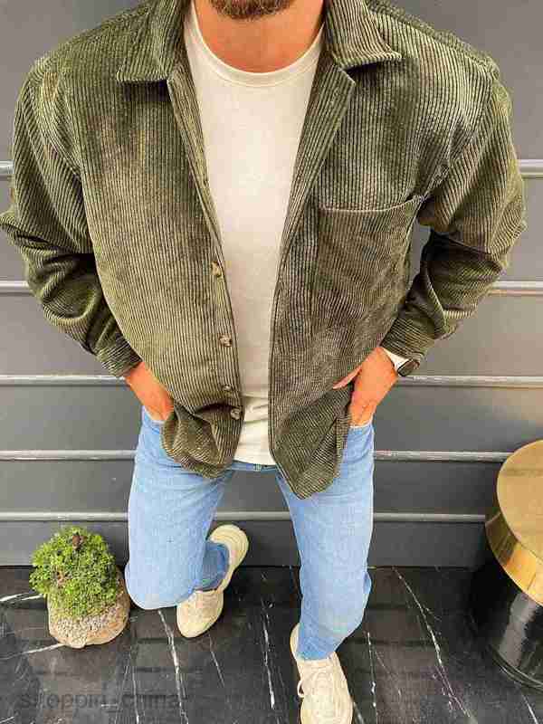 Men's Jackets Coats Men's autumn new pure color long sleeve jacket casual Lapel corduroy thickened cardigan