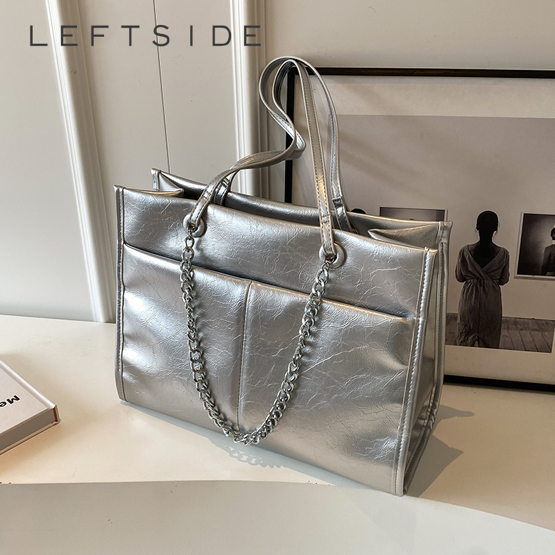 LEFTSIDE Sier Big Leather Tote Bags For Women 2023 Y2k Fashion Solid Color Shoulder Bag Female Chain Handbags