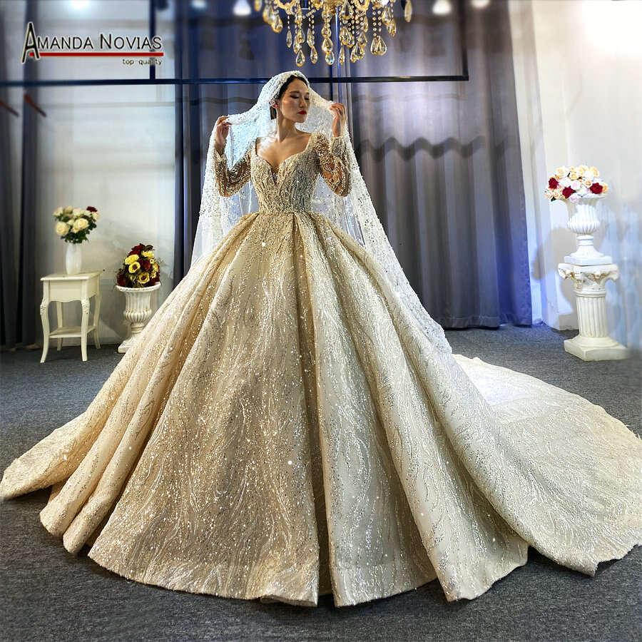 Hot sale full beading wedding with long sleeves bridal dress real work high quality
