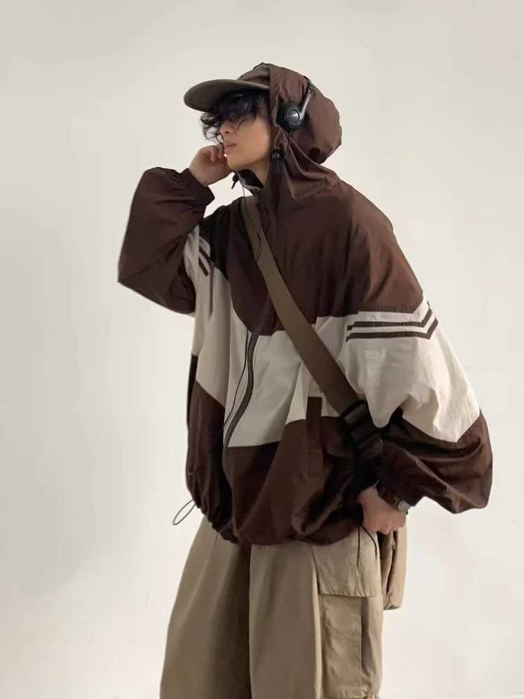 Mens jacket hoodie pocket patch color scheme is fashionable comfortable waterproof casual retro Japanese style fashionable M241017
