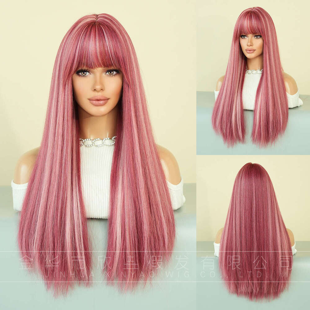 Wig Women's Long Straight Hair Pink Spot Dyed Lolita Natural Full Head Set Tik Tok Wigs