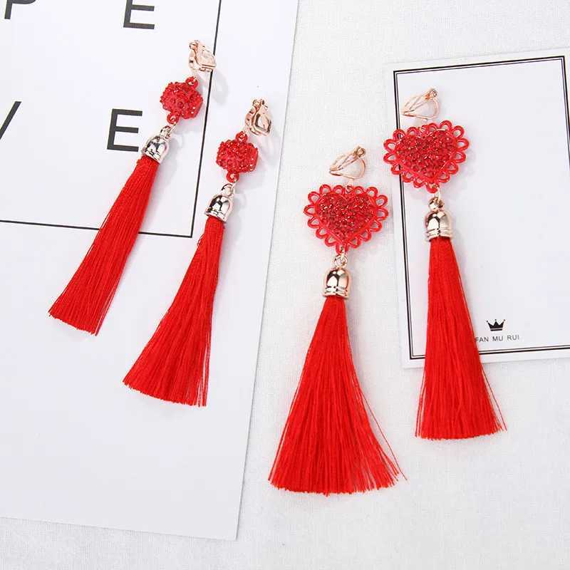Chinese style red tassel pendant earrings womens fashion ethnic geometry charm clip on jewelry party gifts W241017