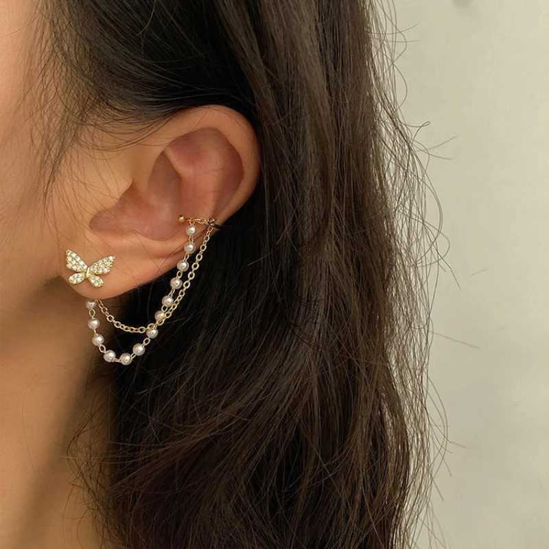Silver crystal tassel ear clip female ear clip shiny rhinestone chain perforated cardboard box jewelry non perforated cuffs W241017