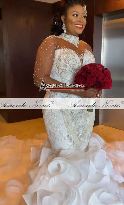 High Neckg Beading Ruffles Mermaid Wedding Dress For African Brides