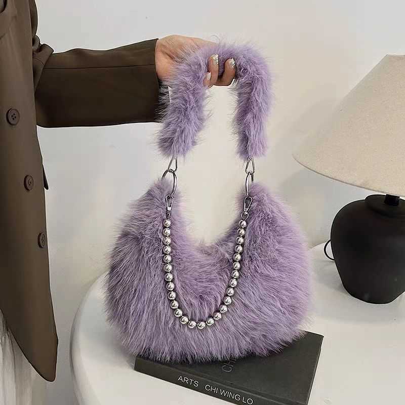 autumn winter furry bag design imitating fox fur armpit bag pearl chain shoulder bag dumpling bag 241015