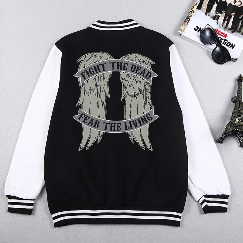 The Walking Dead Prints Wings Mens Hip Hop Fashion Loose Bomber Jackets Men Personality Fleece Autumn Baseball Uniform