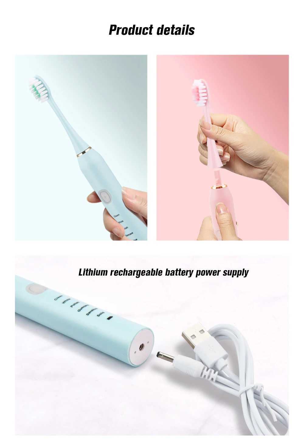 Sonic electric toothbrush adult timer brush 6-speed USB charging toothbrush replacement head set M241017