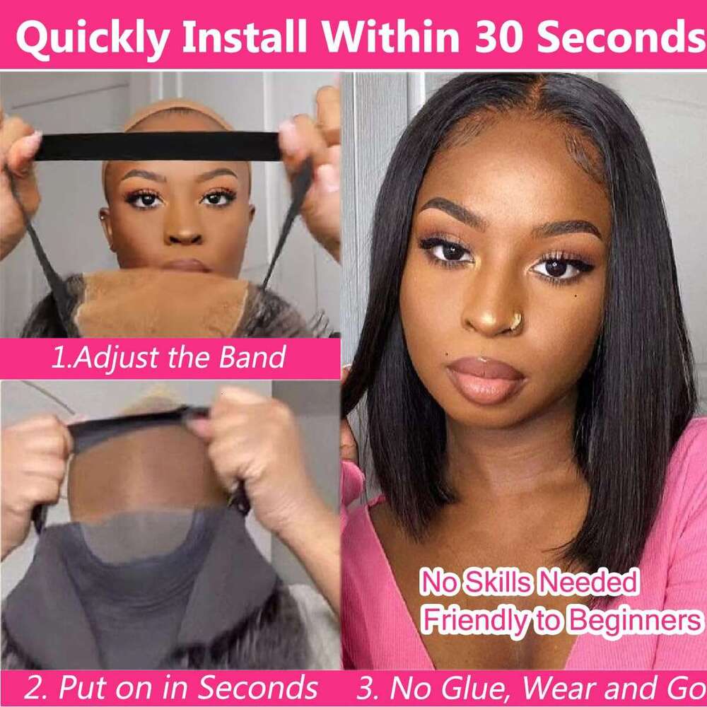 Wear And Go Glueless Bob Straight Pre Cut Human Hair Upgraded No Glue Lace Front Wigs For Women