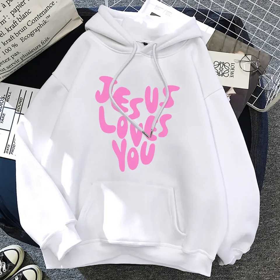 Jesus Loves Me Letter Funny Prints Hoodies Women Autumn Warm Sweatshirt Fleece All-Match Clothes Pocket Oversized HoodyX241016