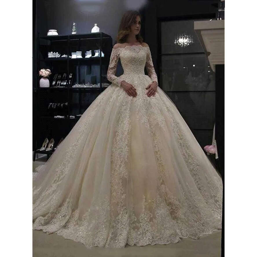 Ball Boat Arabic Gown Neck Wedding Dresses Long Sleeve Appliqued Lace Bridal Gowns A E Sweep Train Vestido De Novia Bc3022 s