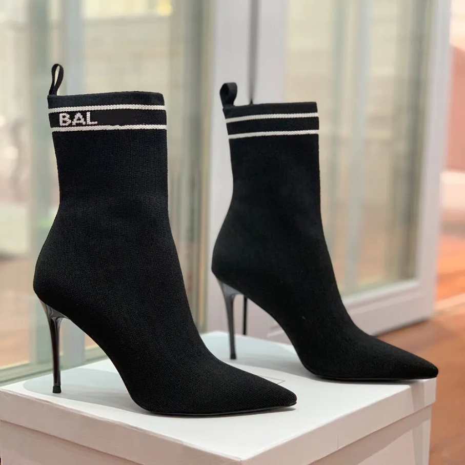 Womens Fashion Pointed Toe Knitted Ankle Stiletto Heel Pull-On Sock Boots R250809