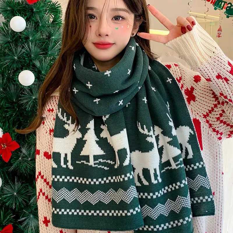 Wen Mens Deer Winter Warm Scarf Double sided Knitted Scarf Fashion Edition Wool Shawl Girl Christmas Gift X2410172