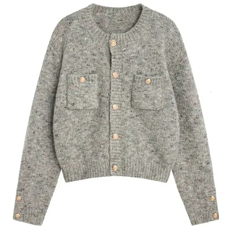 Fall Gray Knit Cardigan Sweater Coat Women O-Neck Long Sleeve Elegant Solid Office Sweater Buttons Pocket Casual Sweater Winter 241017