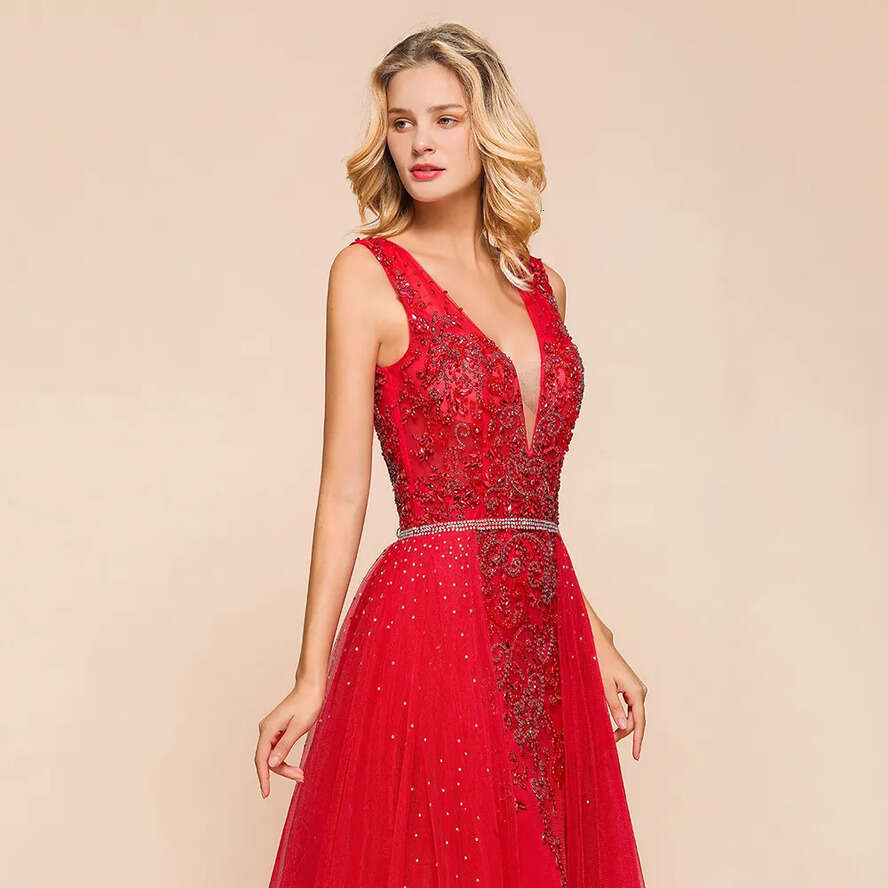 V Deep Red Sexy Neck Mermaid Sleeveless Lace Arabic Long Formal Party Bridesmaids Evening Prom Dresses Gown Bm1811