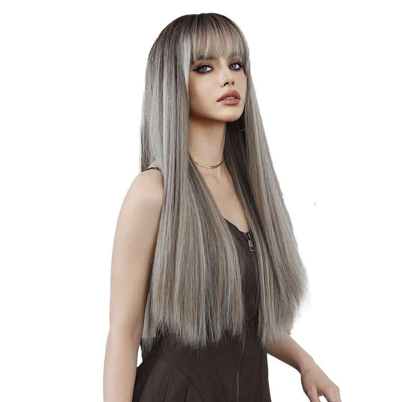 En Brown Spot Dyed Long Straight Hair Women's Fashion Chemical Fiber Wig Headpiece