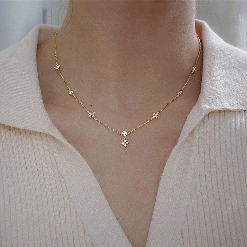 925 Sterling Silver Four leaf Flower Zircon Necklace For Women Choker Clavicle Chain Fine Jewelry Wedding Gift 241010
