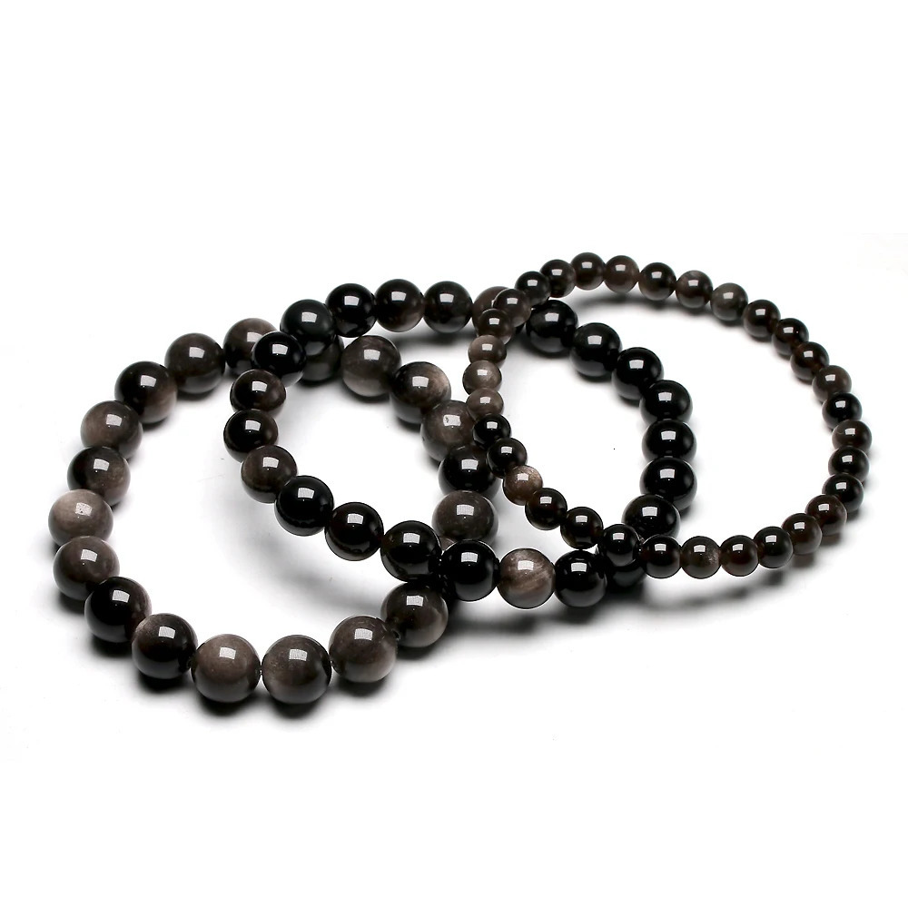 Natural silver obsidian bracelet mens jewelry stone beads round bracelet energy bracelet womens Valentines Day gift jewelry 241017