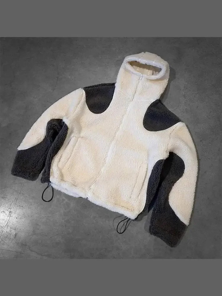 Fashion Thicken Warm Fleece Hoodie Jacket Mens Contrast Teddy Velvet Coat Male Autumn Street Zipper Hooded Turtleneck Outwear 241017