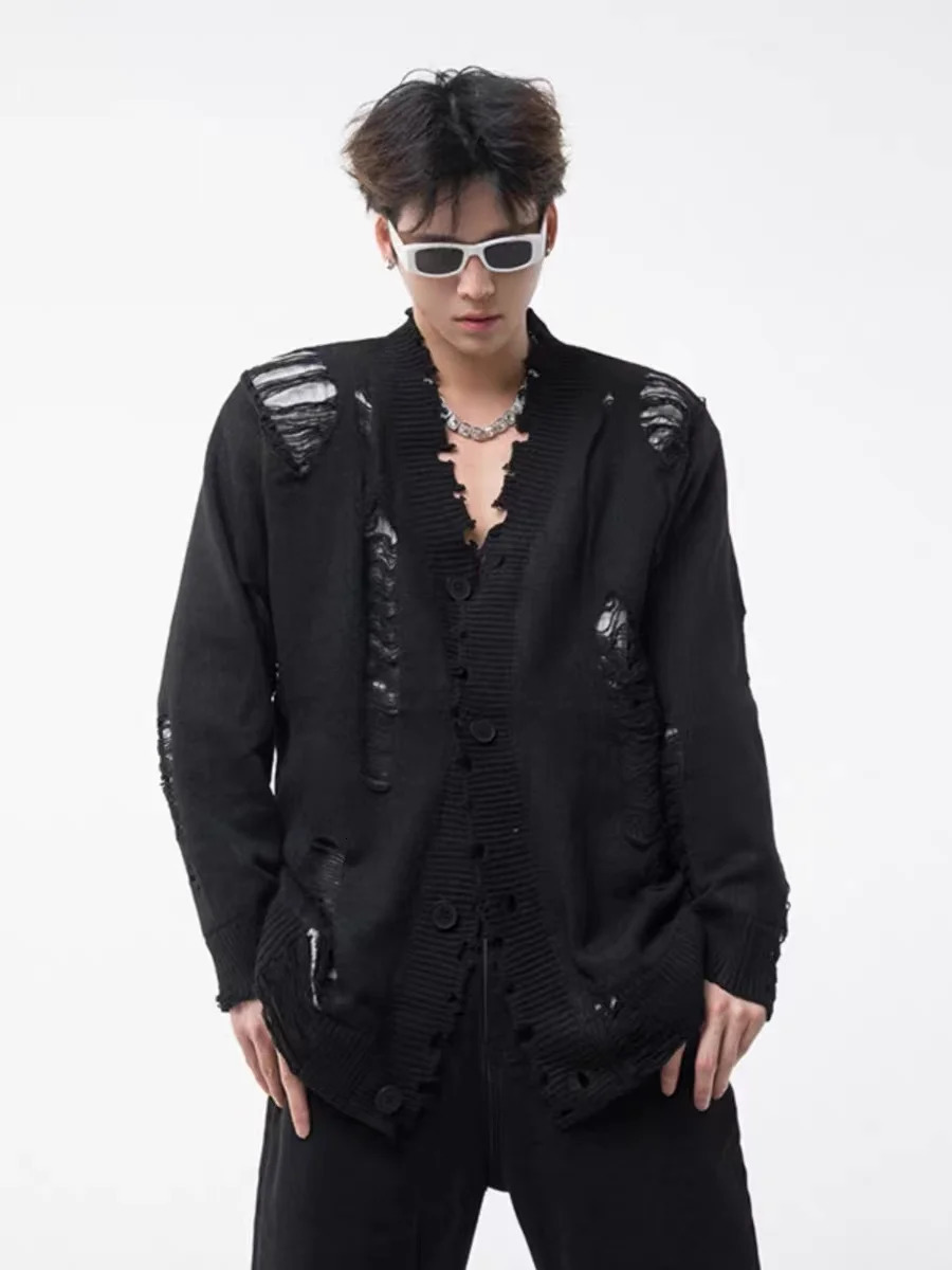 Harajuku Hole Tassel Sweater Cardigan Y2K Street Retro Fashion Trend Casual Loose Long-sleeved Knit Cardigan Street Wear 241017