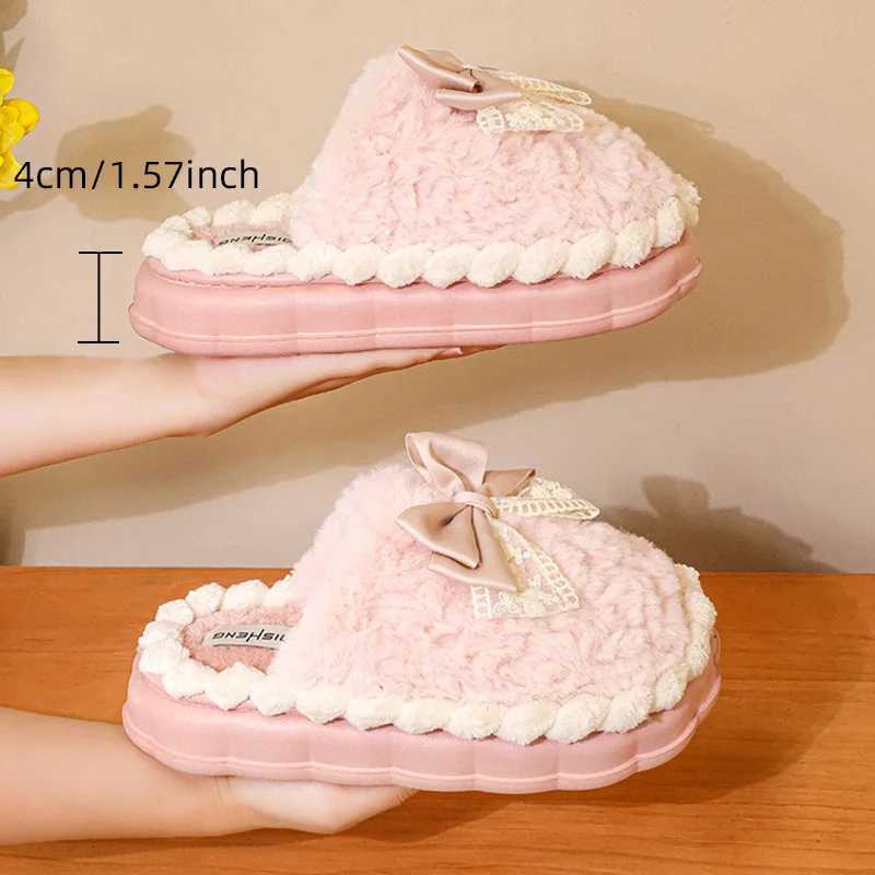 Soft Bow Winter Womens Slippers Home Cotton Shoes EVA Artificial Plush Fur 4cm Thick Platform Womens SandalsCL241017