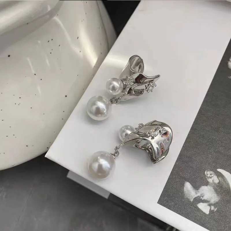 HUANZHI new silver irregular metal imitation pearl pendant earrings clip unisex womens personalized trend jewelry W241017