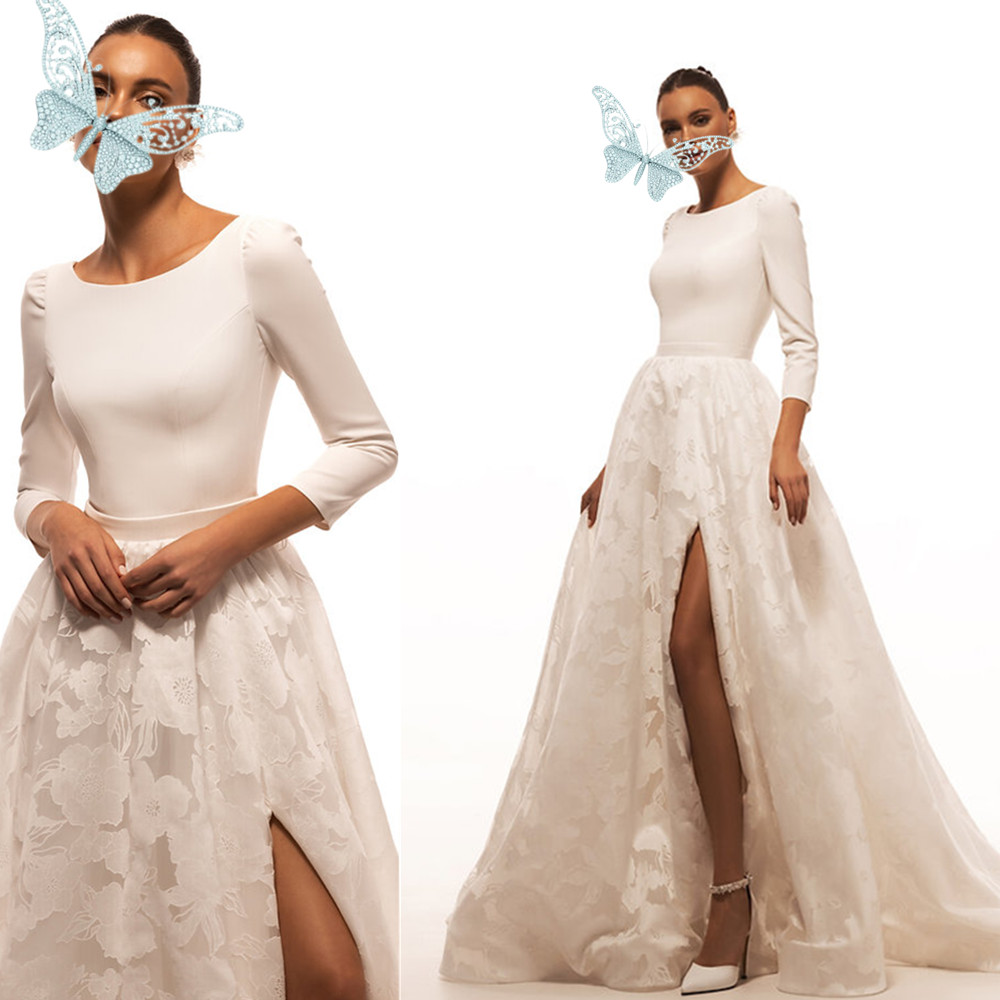 Boho Lace Wedding Dresses 2025 Long Sleeve Scoop Neck Boho Bridal Gowns Satin Backless White Vestido De Noiva Plus Size Custom-made