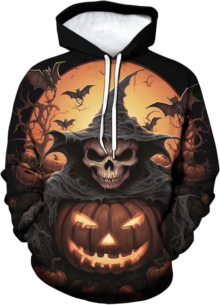 Hoodie for Mens Womens Vintage 3D Halloween Skull Pumpkin Hoodie Mens Skeleton Castle Graphic Sweatshirts Pullover, Black GraphicPullover Long Sleeve