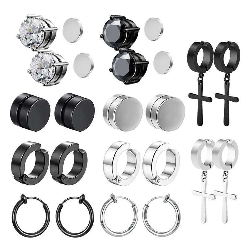 1/10 pair stainless steel non perforated magnetic stud earrings unisex CZ magnetic ear clip womens and mens punk hip-hop earring set W241017