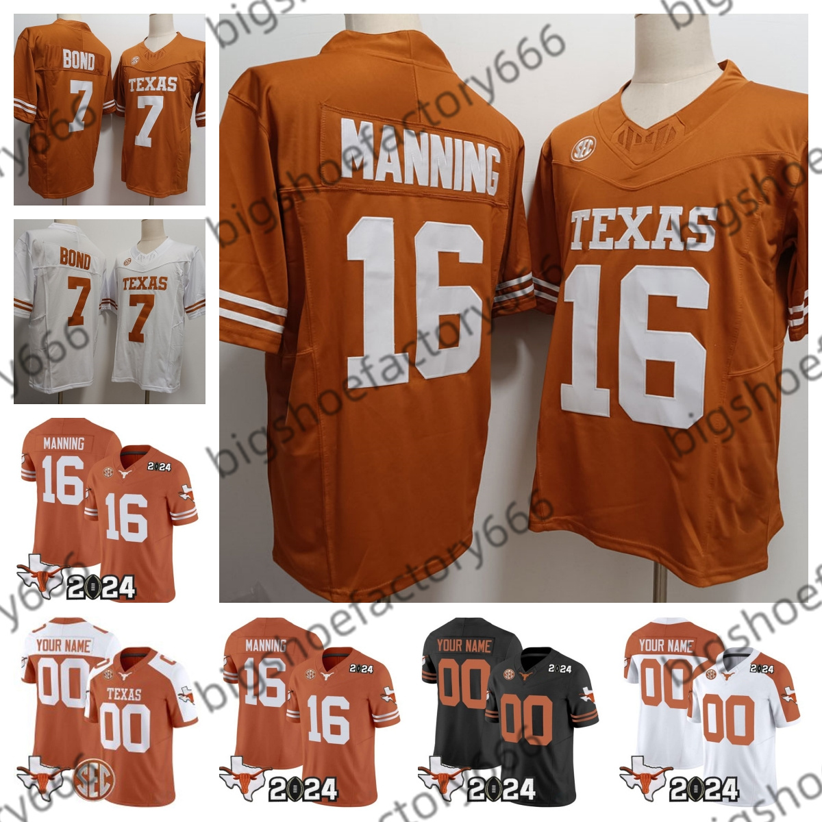 Texas Longhorns College Football Jersey 2024 - Ewers, Manning, Mitchell, Brooks, Worthy, Young, Sanders, Ford, Baxter mens women youth jersey custom any name number