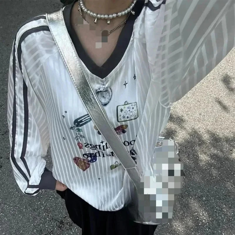 Korean Y2k Butterfly Printed Womens T-shirt Transparent Stripe V-neck Long Sleeve T-shirt American Retro Oversized Dress 241017