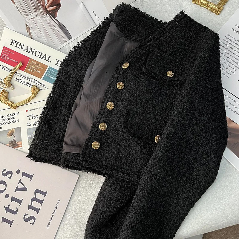 Rimocy 2024 Tweed Cropped Jackets for Women Elegant Short Single-Breasted Coats Woman Korean Chic Black V Neck Jacket Female 241017