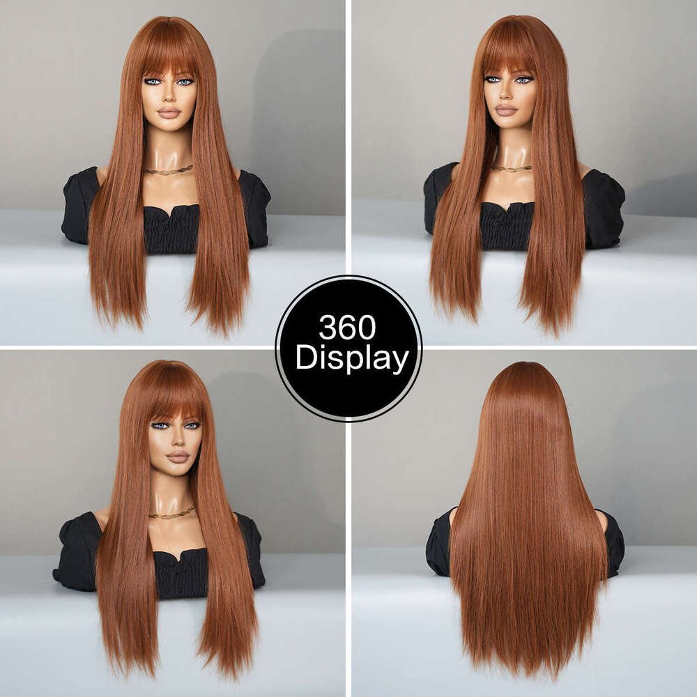 Ladies' Fashionable Wig With Caramel Brown Bangs, Long Straight Hair Wig, Full Head Cover, Ginger Wigs